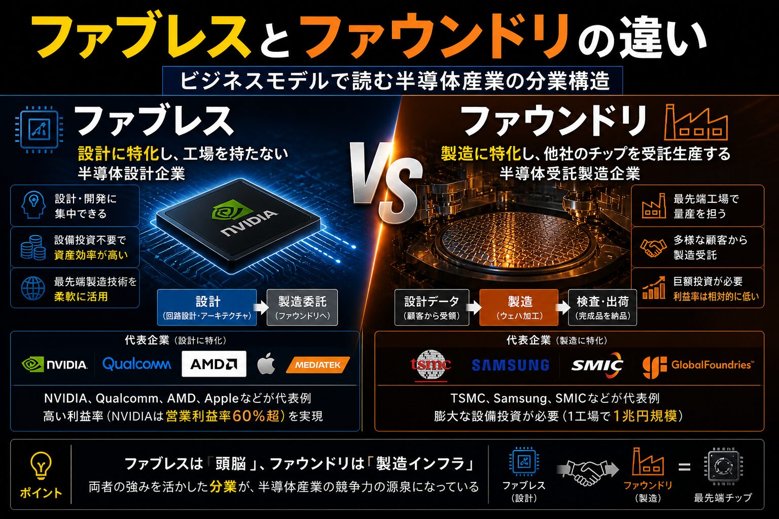 ファブレスとファウンドリの違い｜ビジネスモデルで読む半導体産業の分業構造