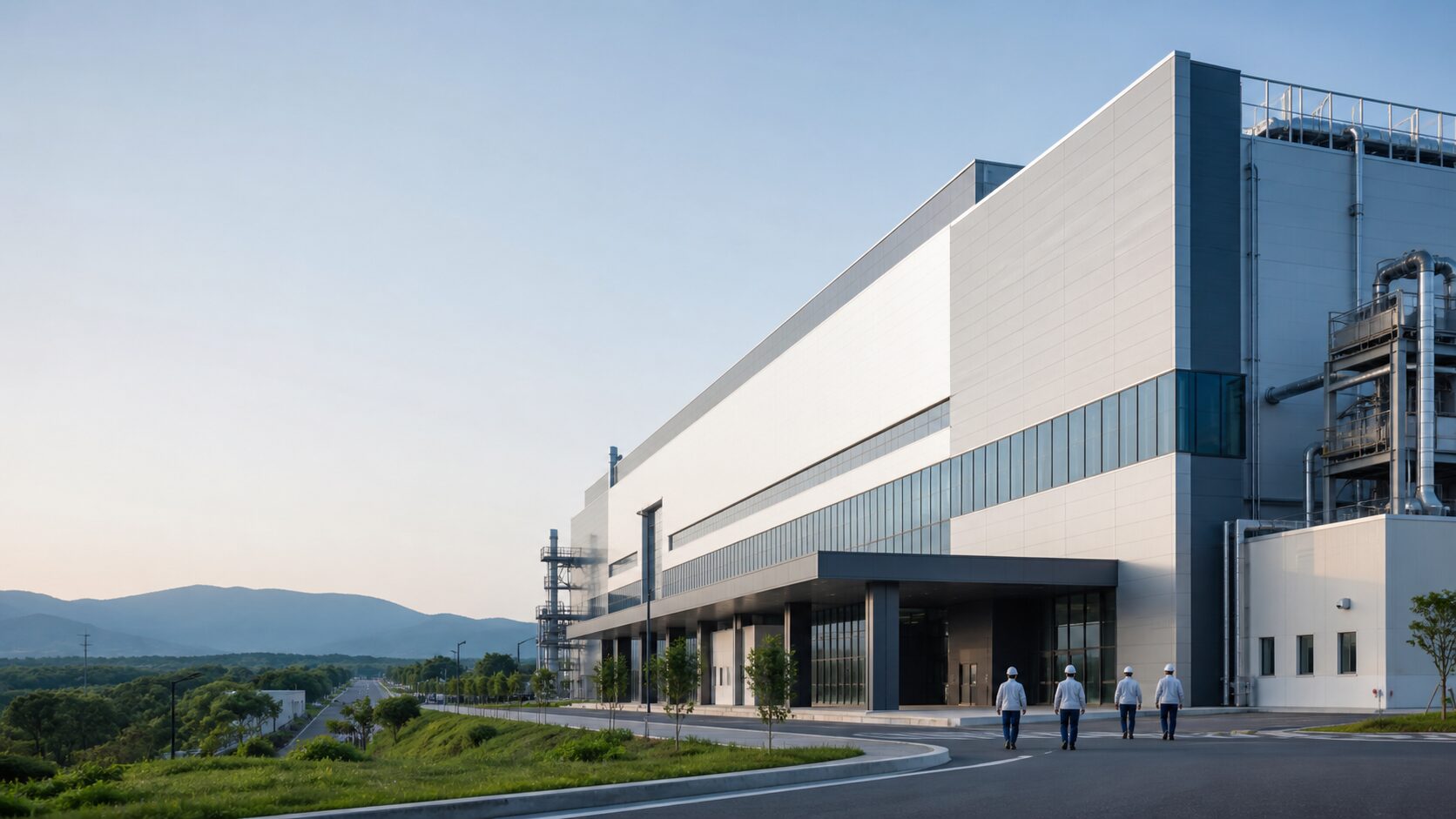 Modern semiconductor wafer fabrication facility in a green Kumamoto industrial landscape