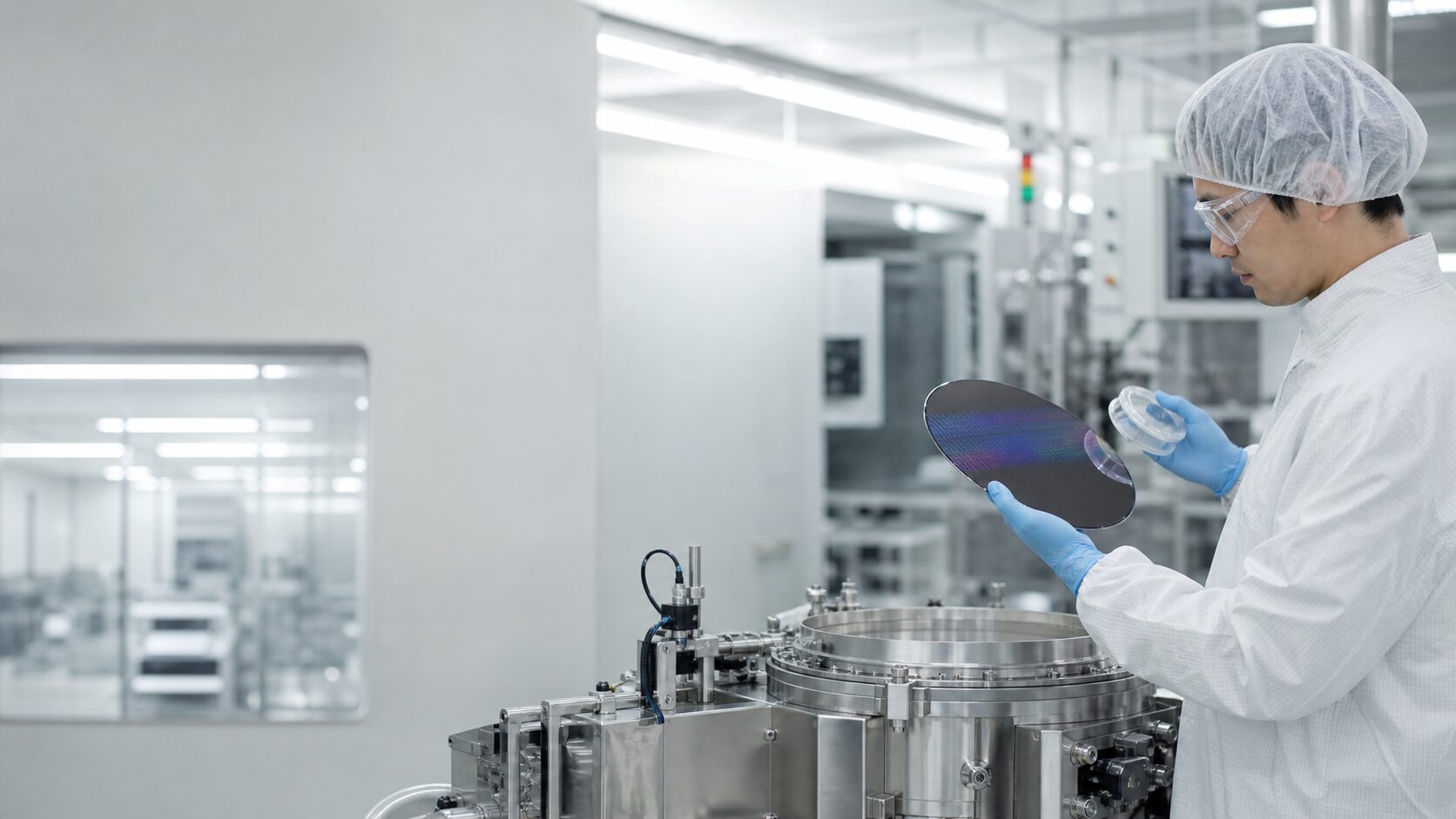 Japanese materials engineer inspecting a silicon wafer in an advanced semiconductor materials laboratory