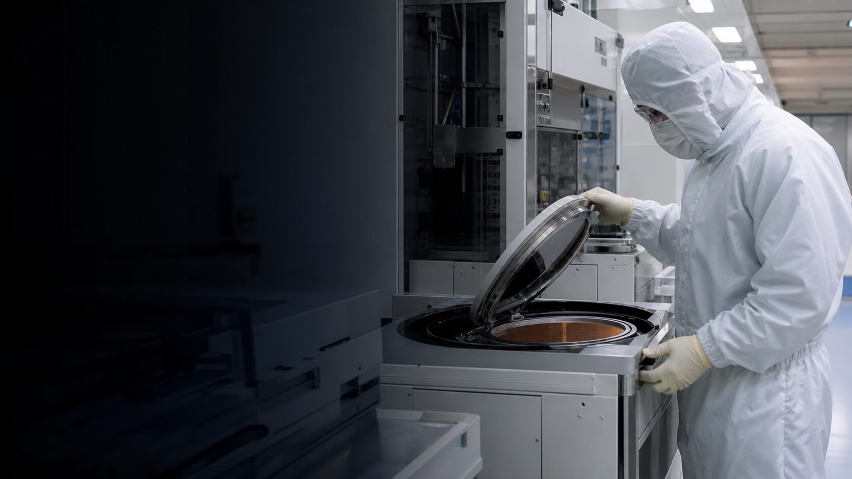Cleanroom technician operating semiconductor photoresist coating equipment in Japan